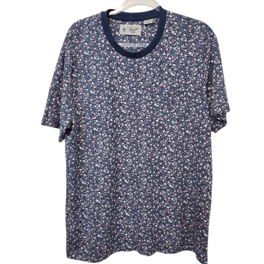Penguin T Shirt Mens XL Blue Pink Floral Pocket Crewneck Retro Tee Cotton
